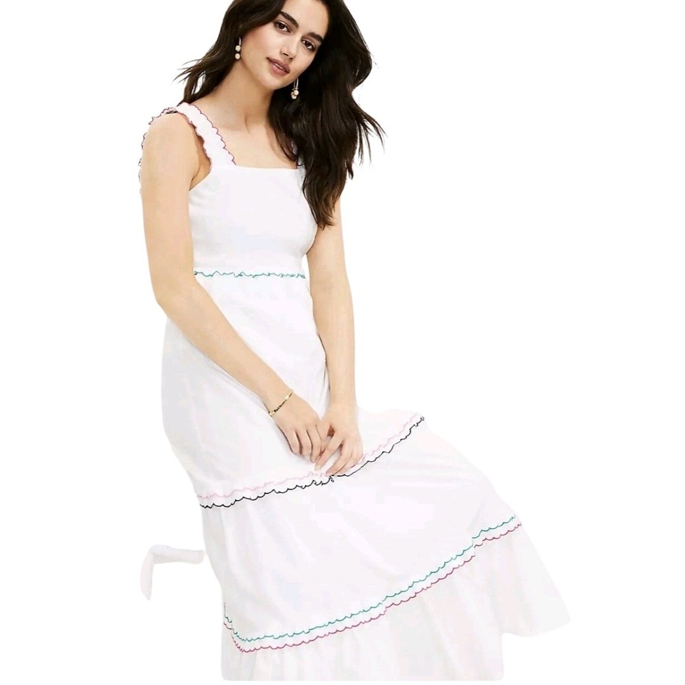 LOFT White Ric Rac Rainbow Trim Tiered Maxi Dress XS Square Neck Ruffle Strap XS - Picture 4 of 10